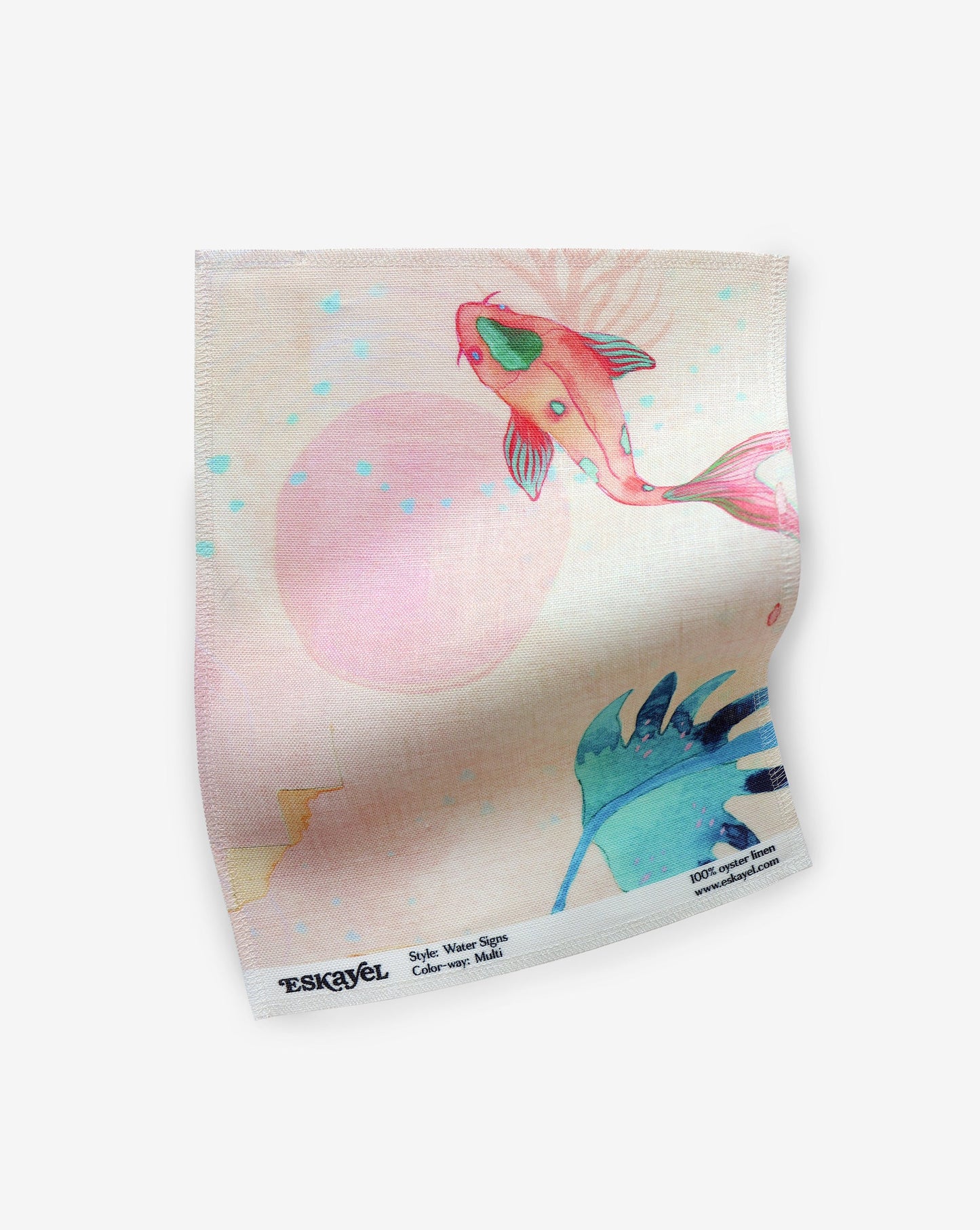 A Water Signs Fabric Sample Multi with a pink fish on it