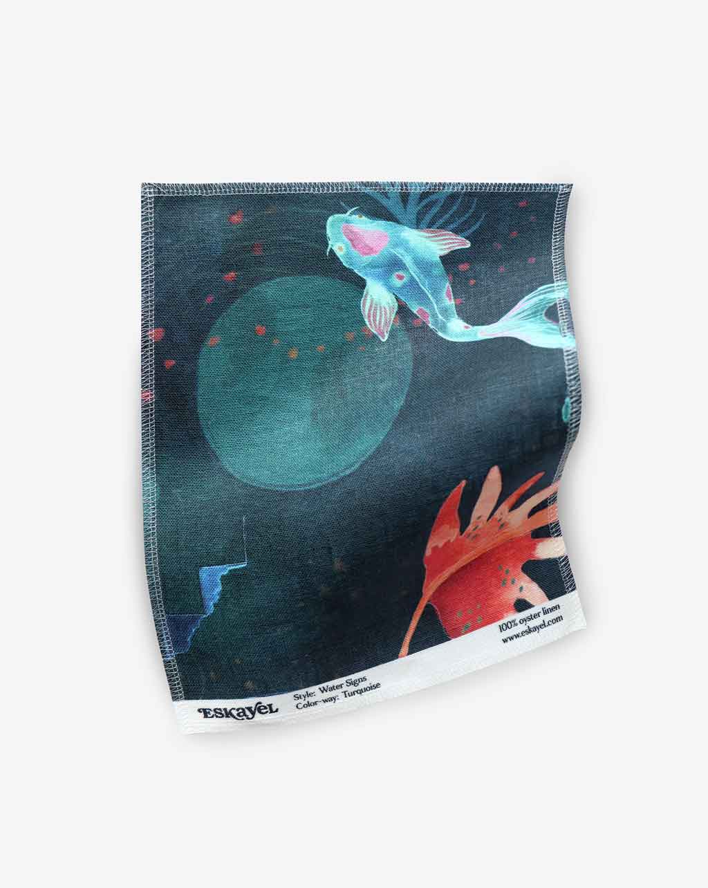 A Water Signs Fabric Sample Turquoise with an image of a koi fish in the ocean
