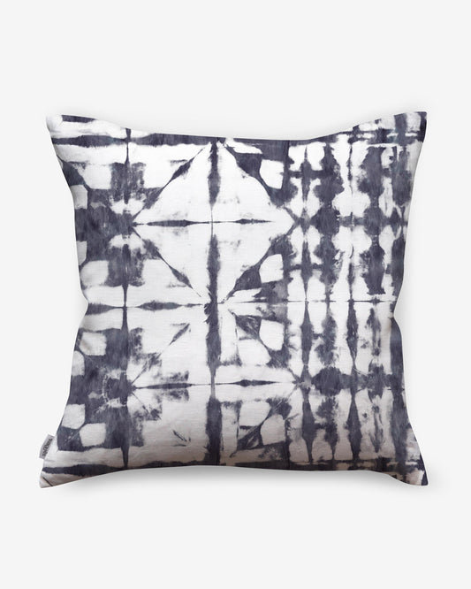 A Banda Pillow||Midnight with a black and white shibori tie-dye design.