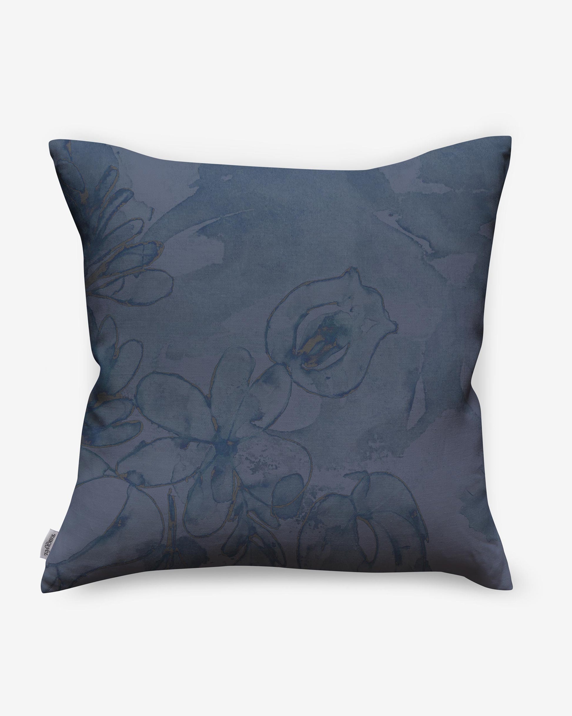 A Belize Blooms Pillow Night Fog with a blue floral design made of luxury fabric