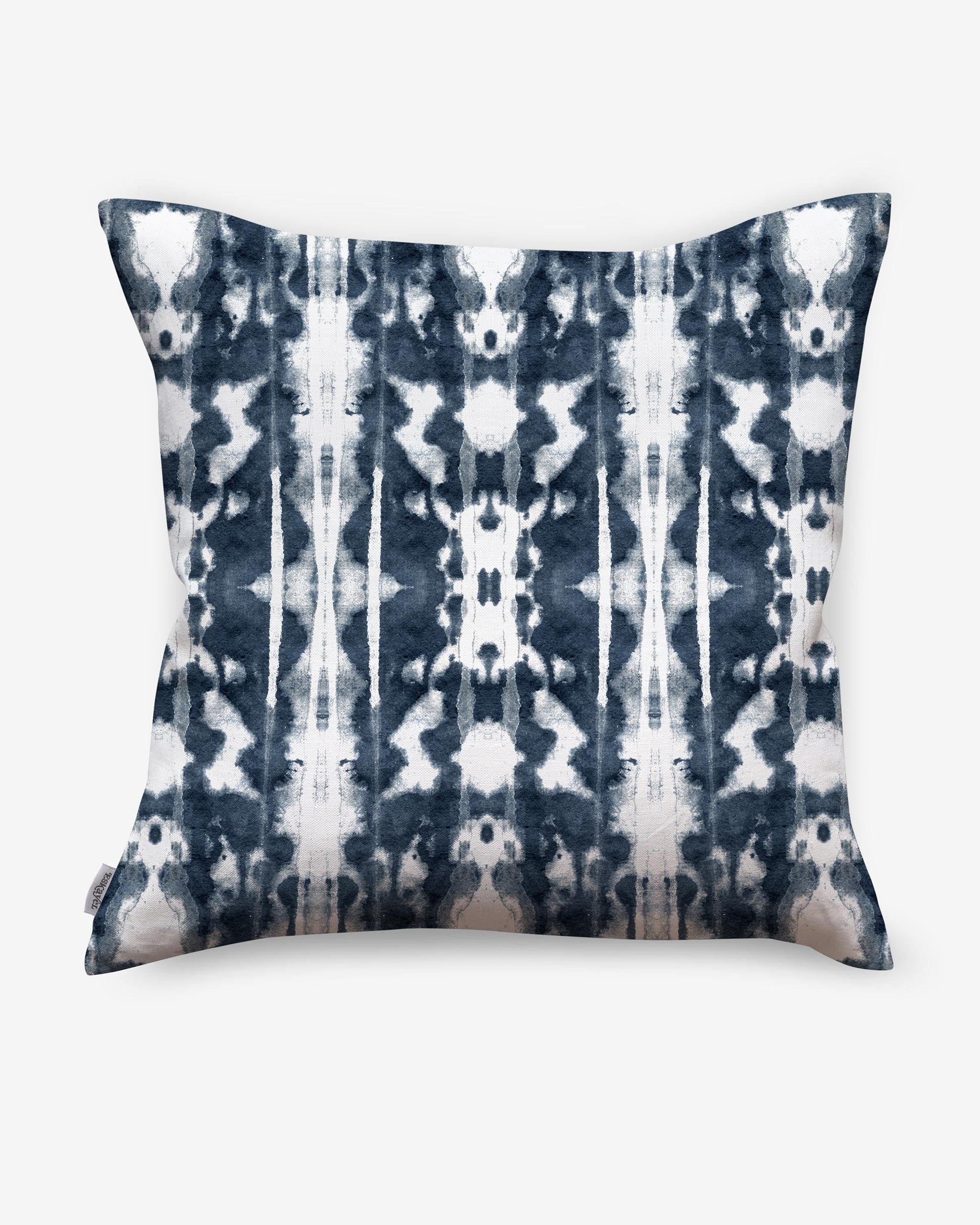 A blue and white Biami Pillow||Nila with an abstract Biami pattern design.