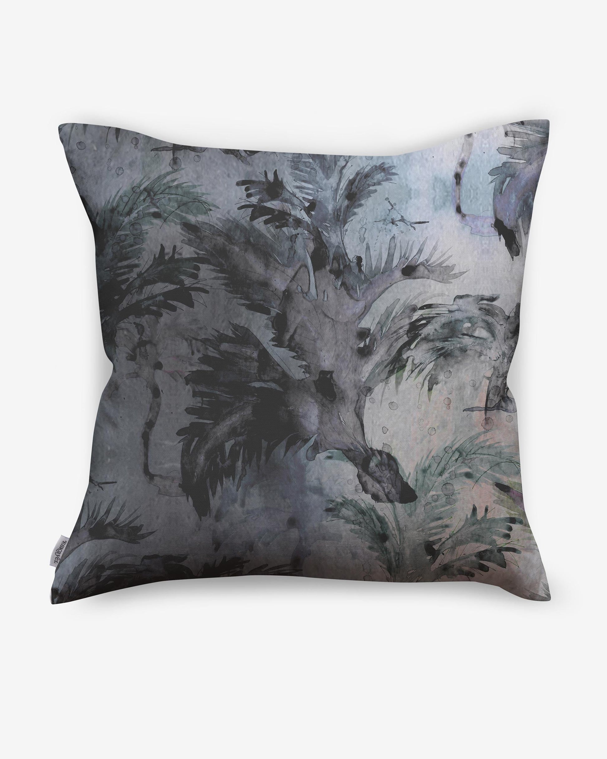 A pillow with a black and white Cocos Pillow Dove painting on it