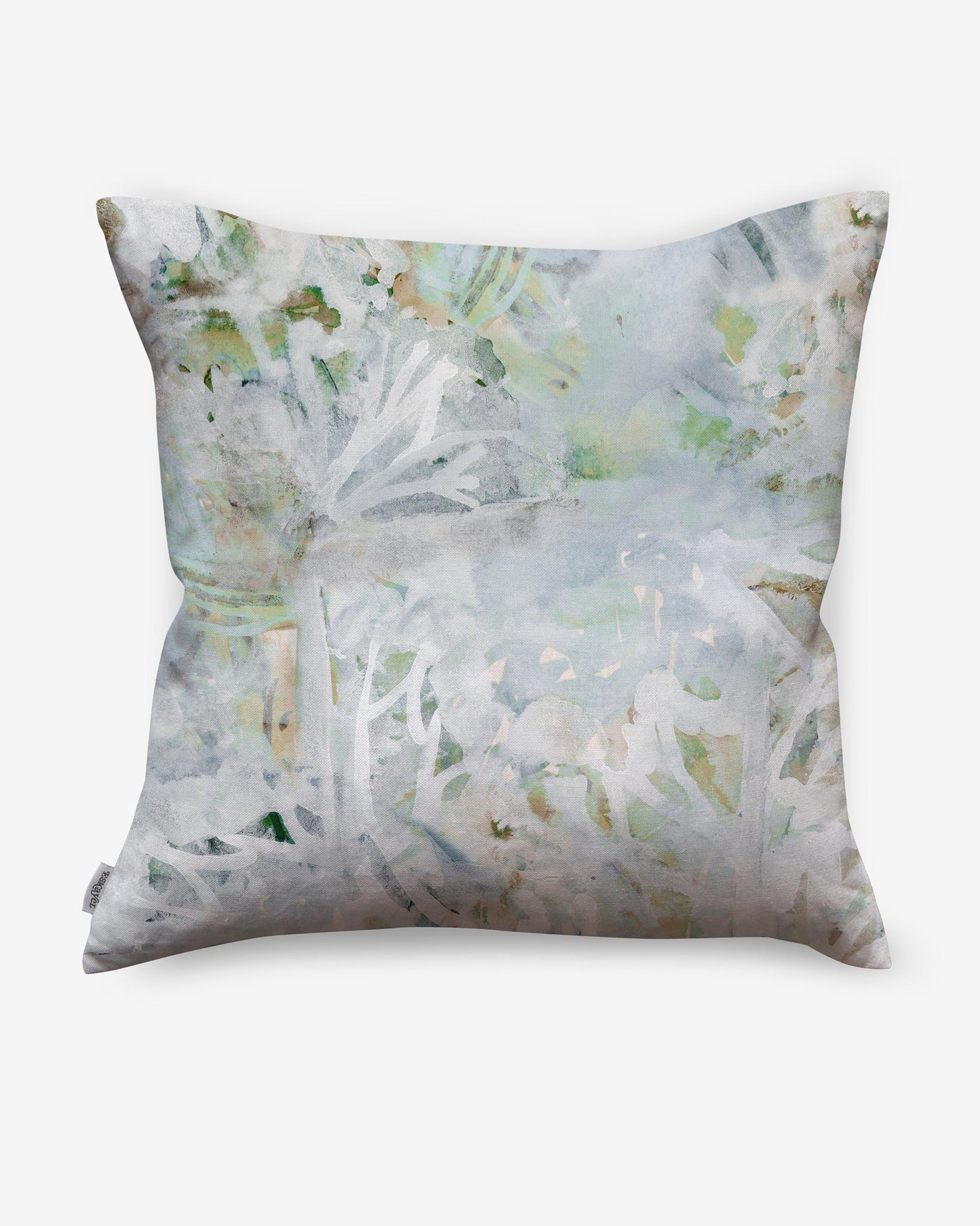 A Cortile Pillow Aqua with a watery blue watercolor painting of flowers and leaves