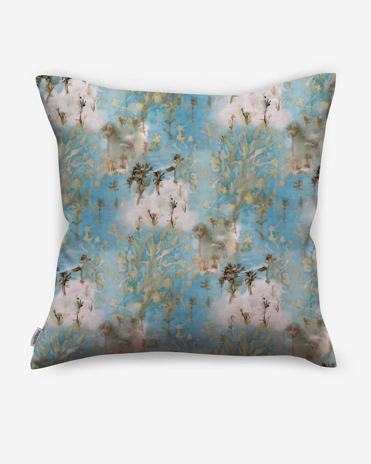 Product Description: A Morea pillow with a blue and gold floral pattern