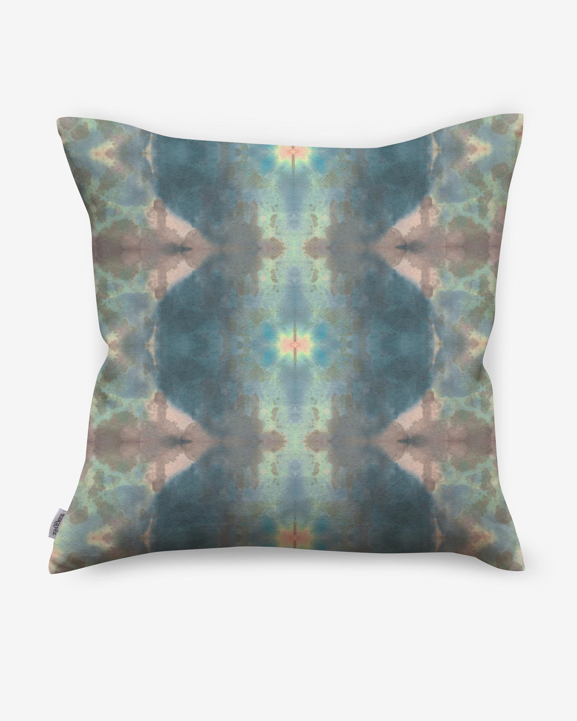 A Jangala Pillow Citron with a jungle fabric pattern and a blue and green abstract design
