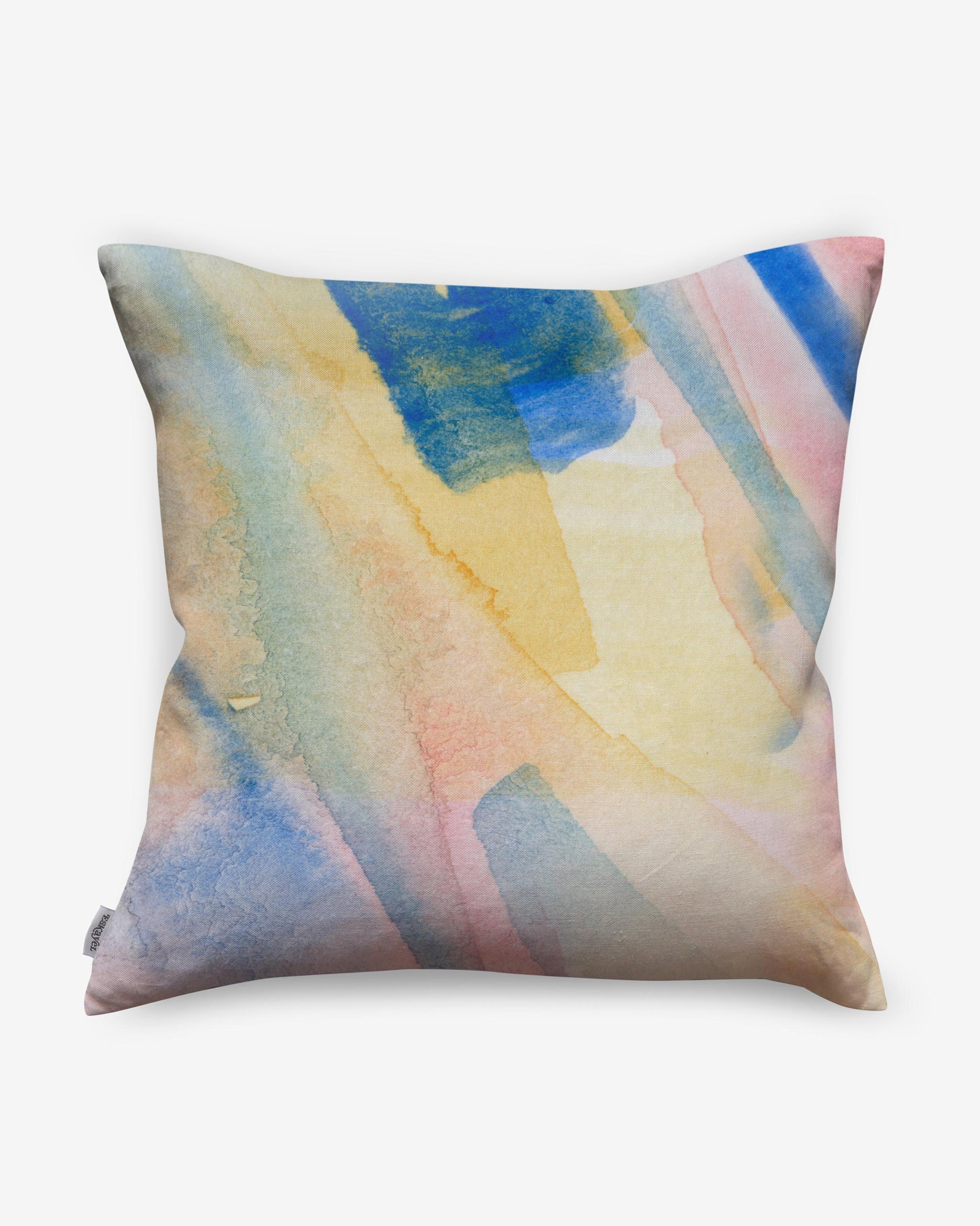 A pillow from Eskayel's Lily's View Pillow||Dawn One Collection with a watercolor painting on it.