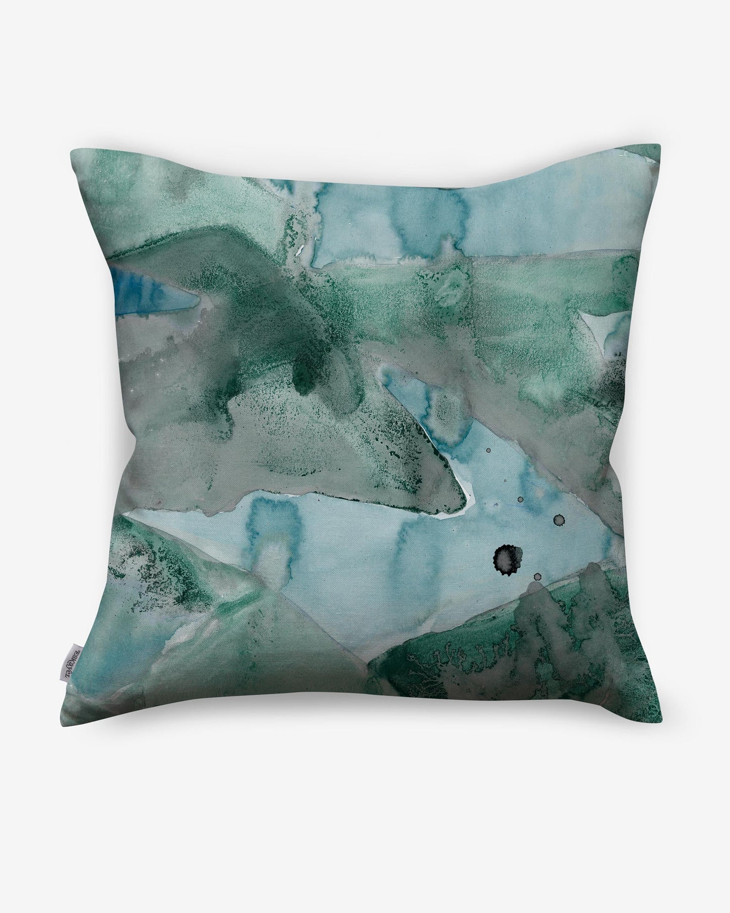 A luxurious Mani Pillow with a vibrant Mani-inspired watercolor painting in green and blue colorways