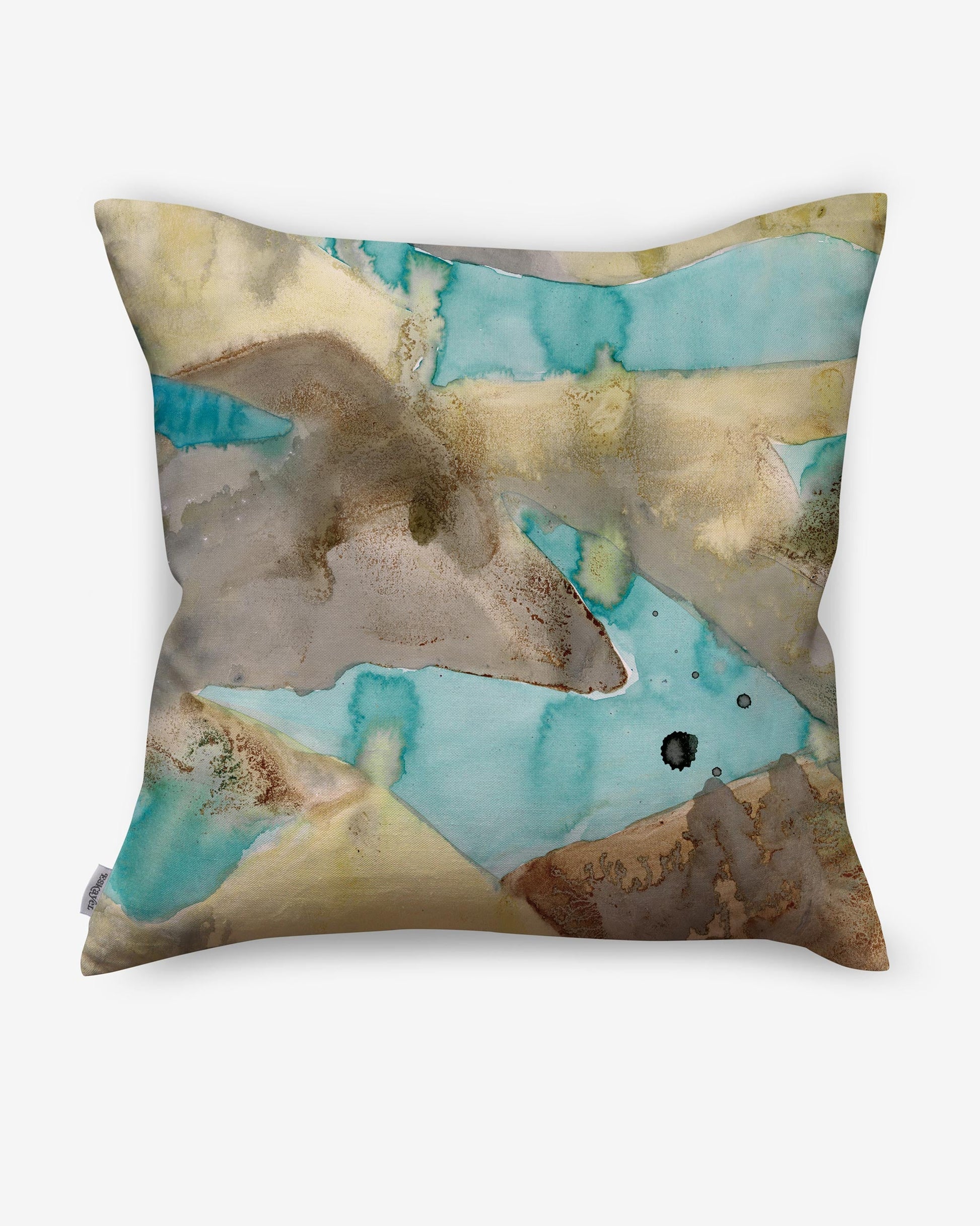 A luxurious Mani Pillow Sage with a blue and brown Mani abstract painting on it