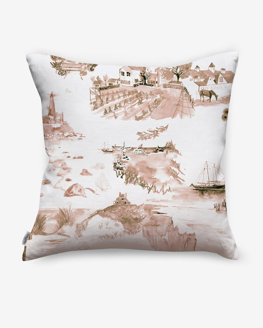 A Out East Pillow Shell with a luxury fabric and modern toile pattern design on it