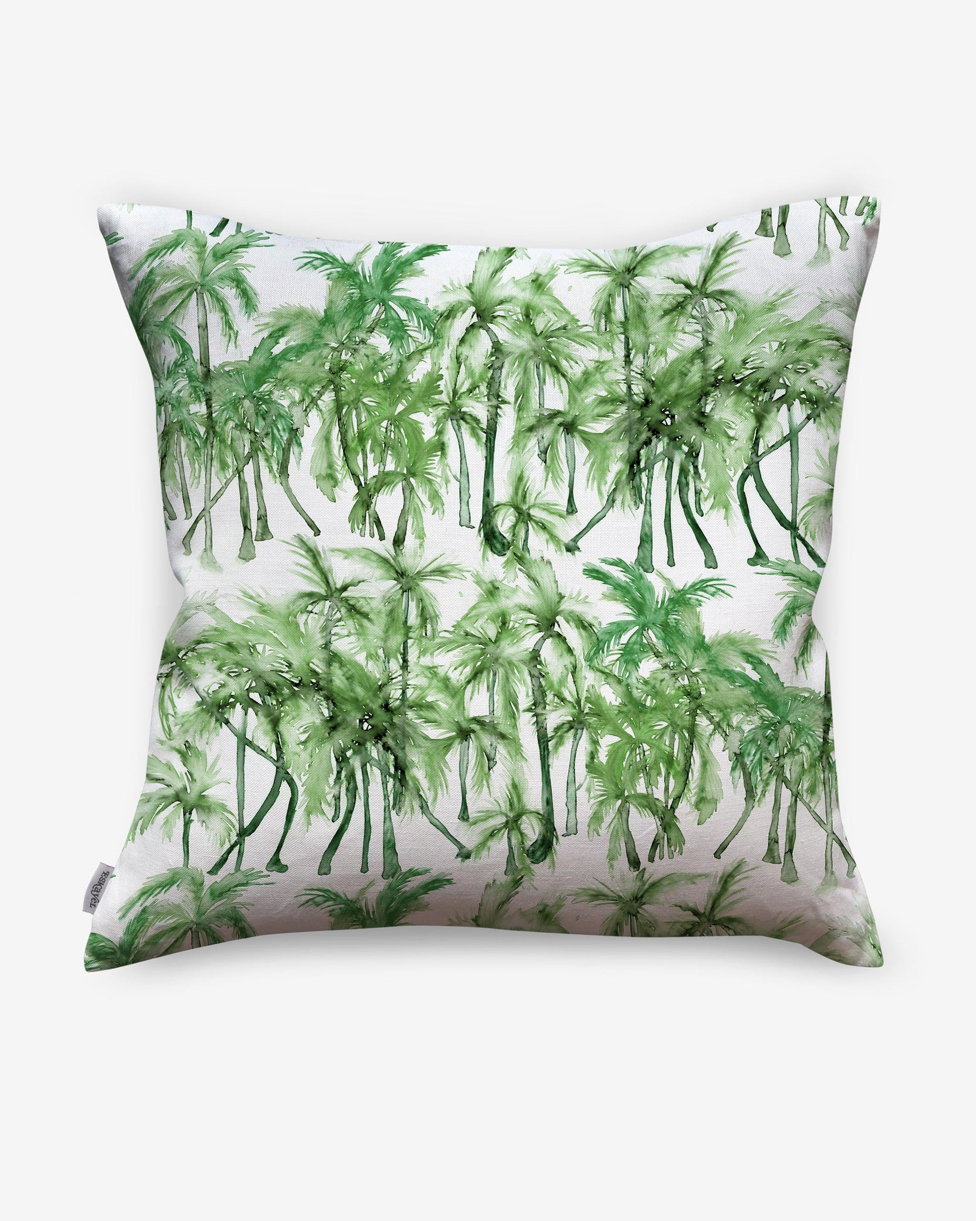 A green luxury fabric Palm Dance Pillow Chloros with palm trees on it