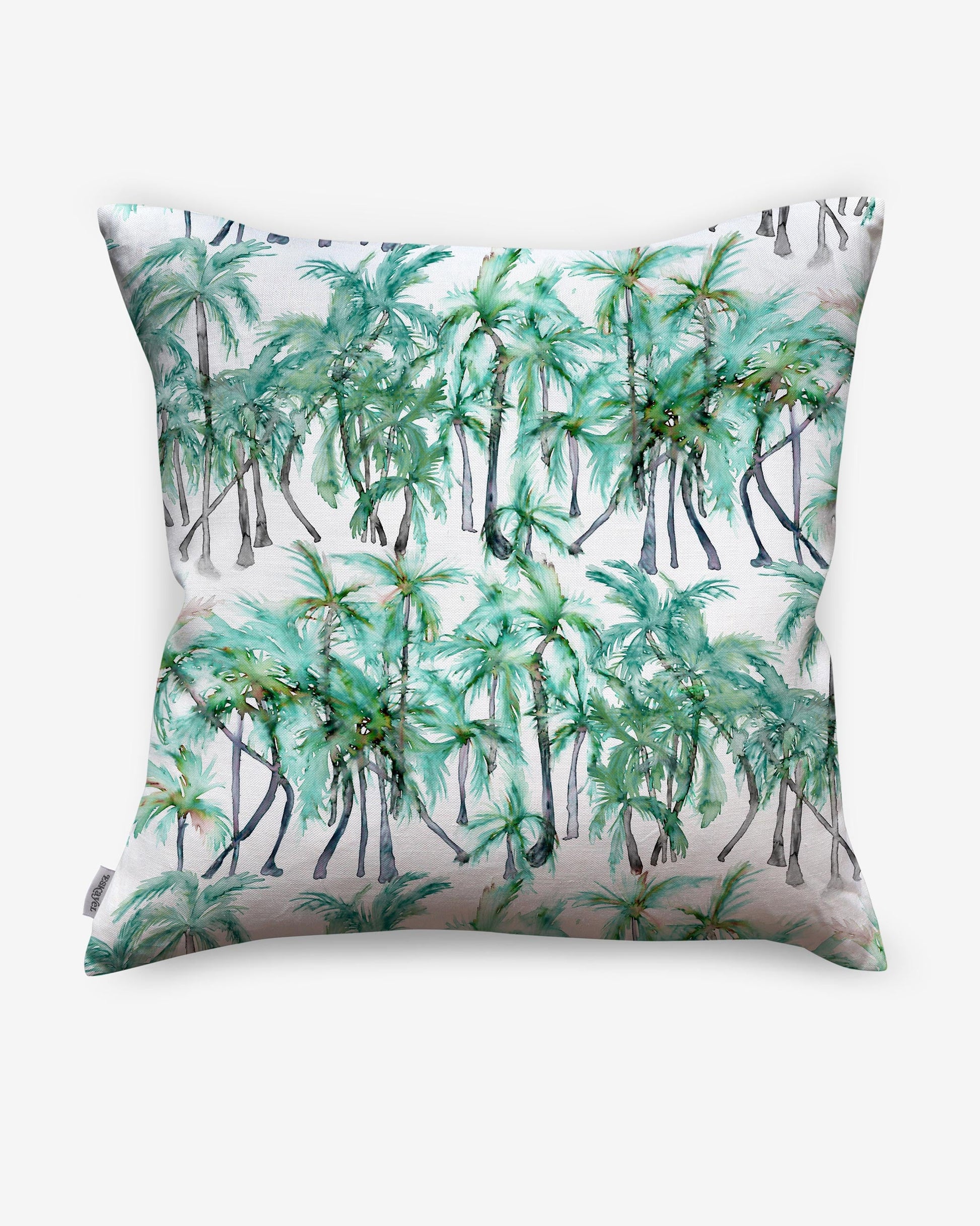 A Palm Dance Pillow||Pool, a luxury fabric pillow with a watercolor pattern of palm trees on it.