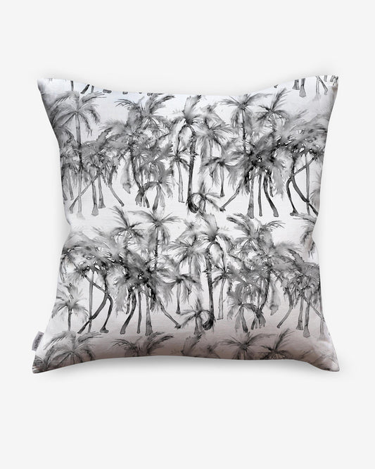 A black and white luxury fabric Palm Dance Pillow Shadow with a watercolor pattern of palm trees on it