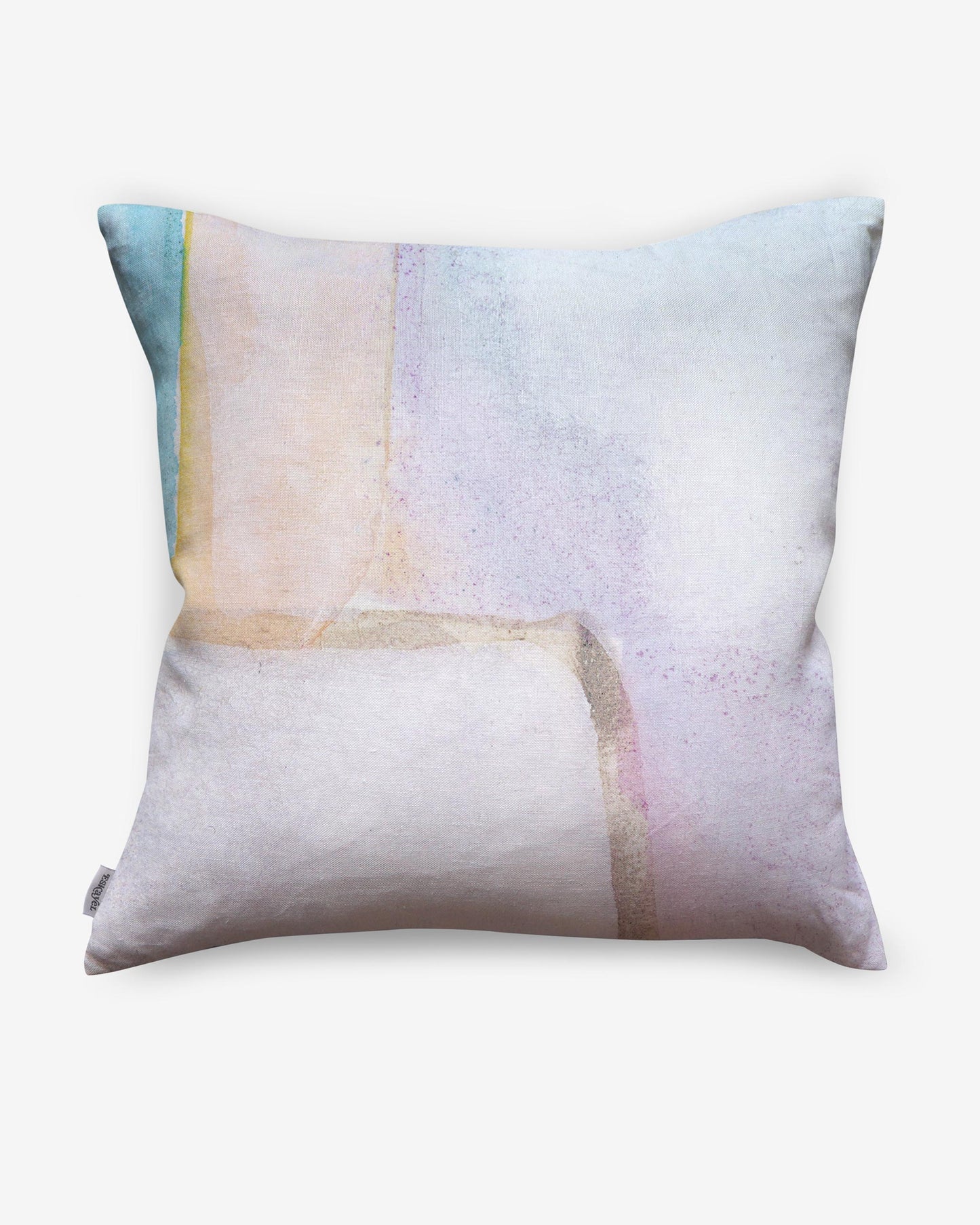 A pillow with Portico Three, a watercolor painting by Eskayel studio on it
