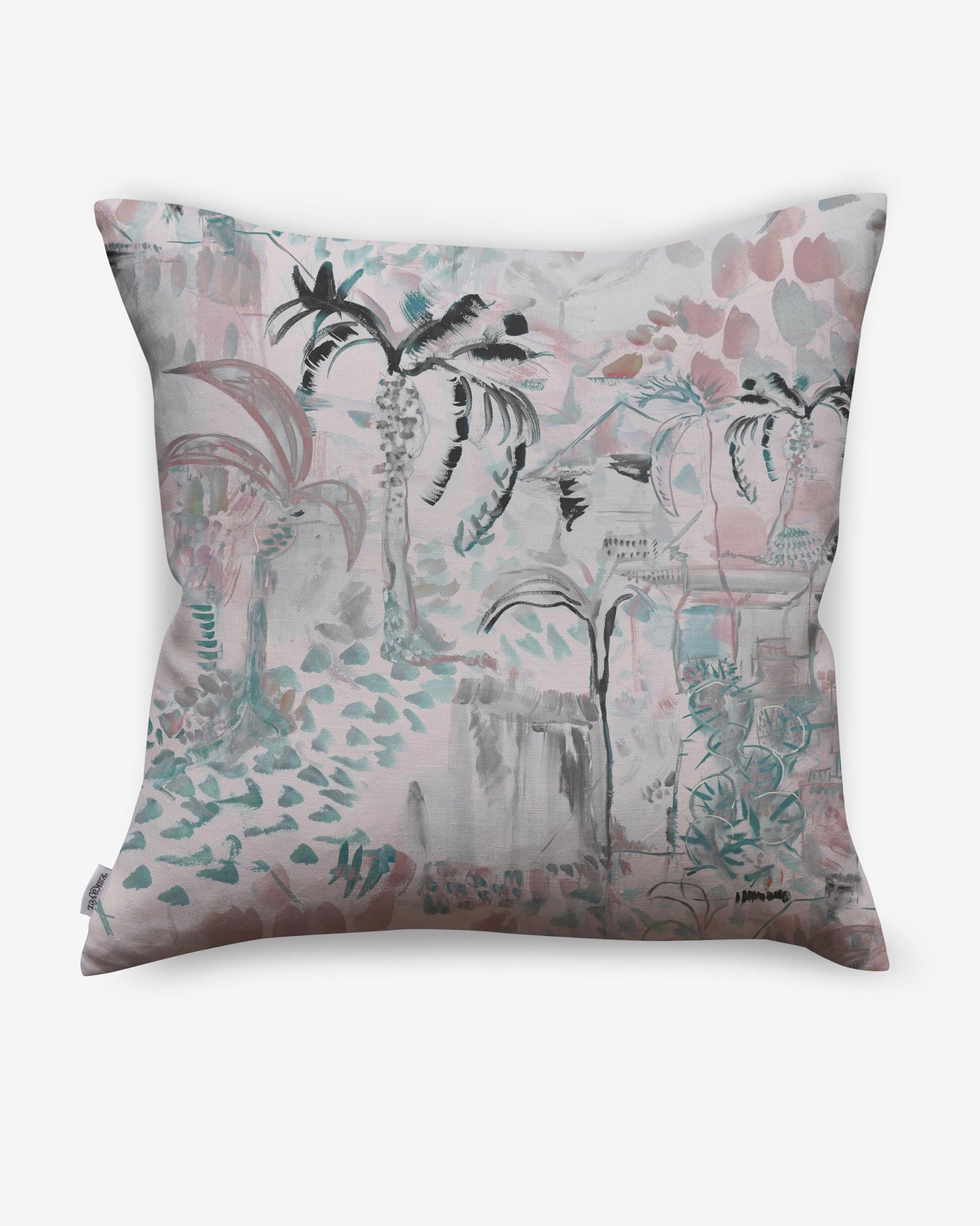 A pink and blue Souk Pillow Duomo with custom pillows on it