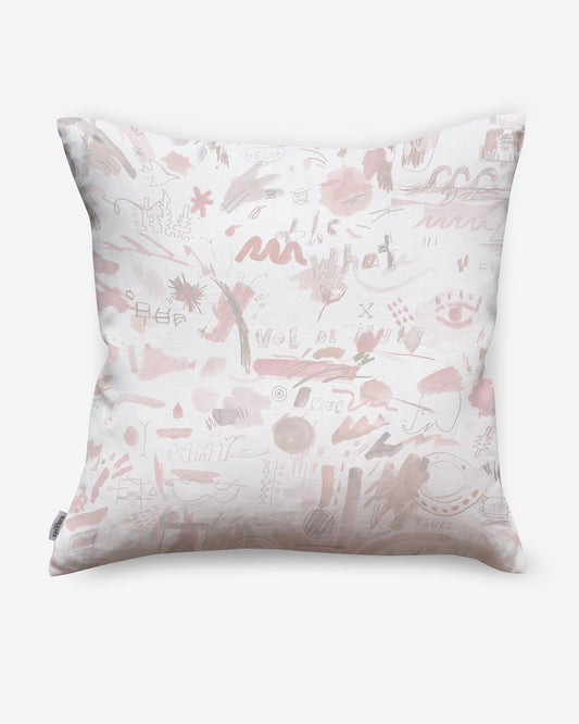 A Vol de Nuit Pillow||Light Peach luxury fabric pillow with a pink and white design by Eskayel.