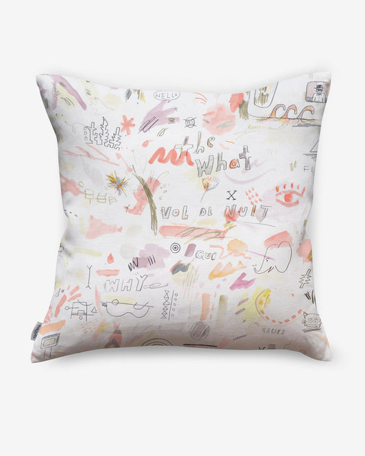 A Vol de Nuit Pillow with a hand drawn design on it.