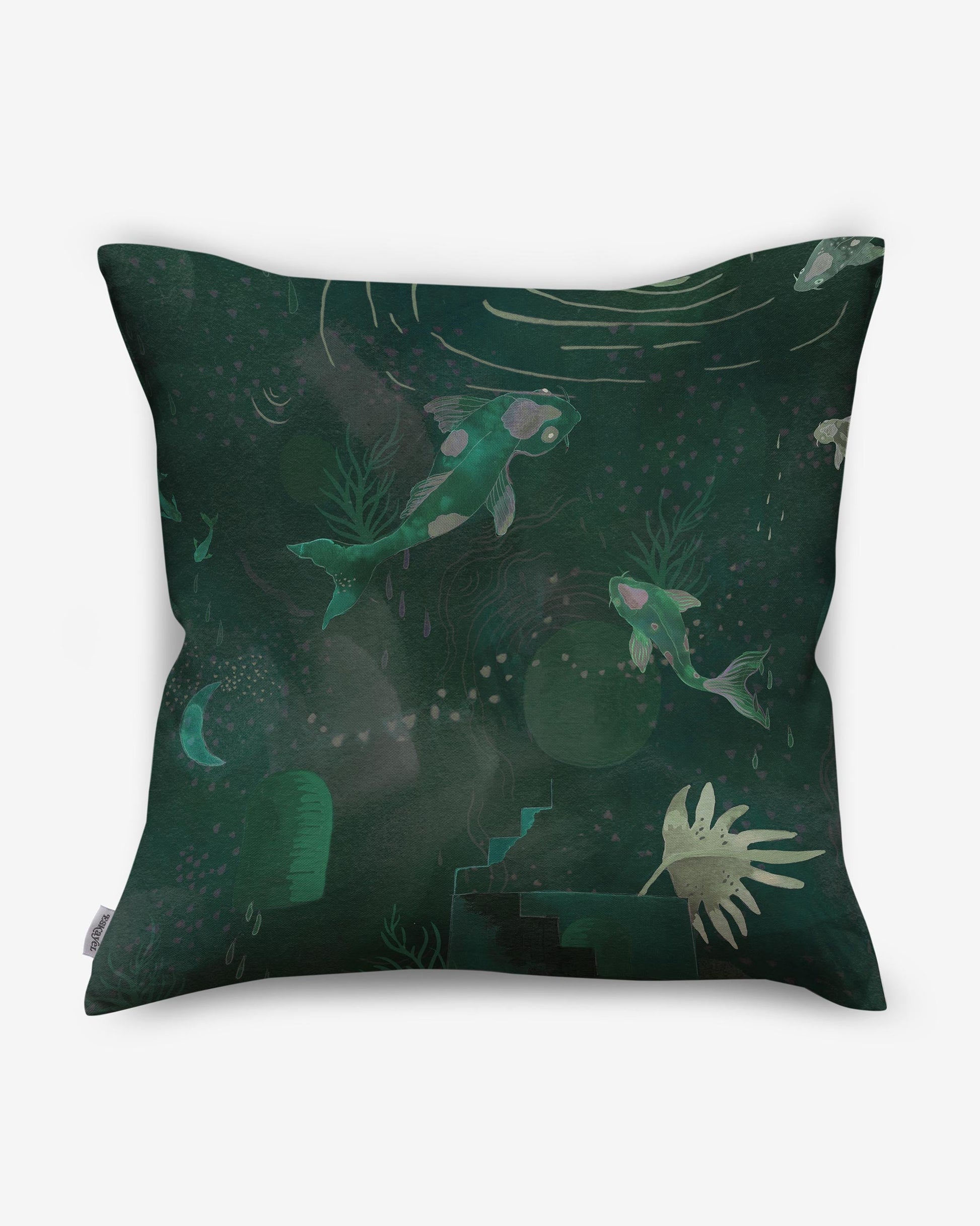 An Water Signs Pillow Emerald with fish and plants on it, made of fabric