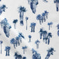 A luxurious Perfect Palm Performance Fabric||Midnight in a blue and white color scheme depicting palm trees on it.