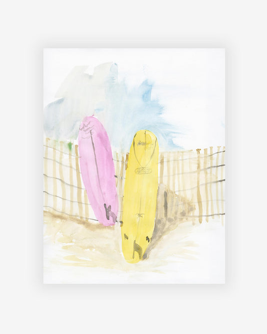 An artist created a Ditch Plains Print of two surfboards on a fence