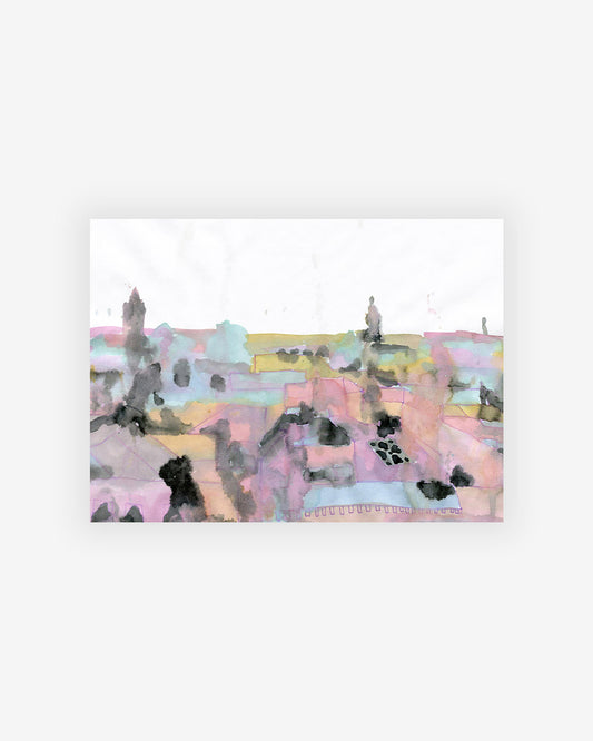 An original Dusk City Print by the artist and Eskayel founder depicting a city on a white background