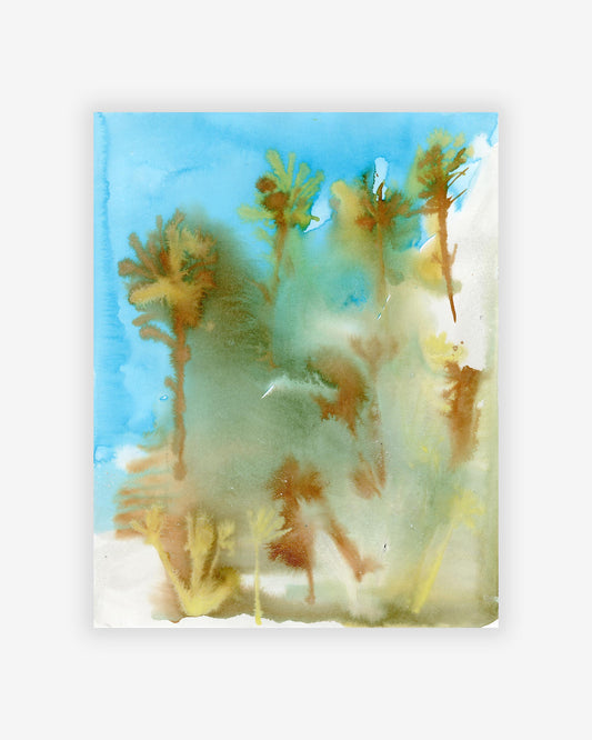 An artist's Lazareto Print of palm trees on a blue background