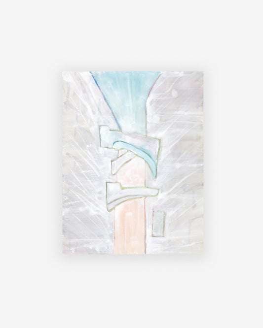 An original artwork by Eskayel founder, the artist, featuring a Sky Arc Print with an abstract painting and a blue and white background