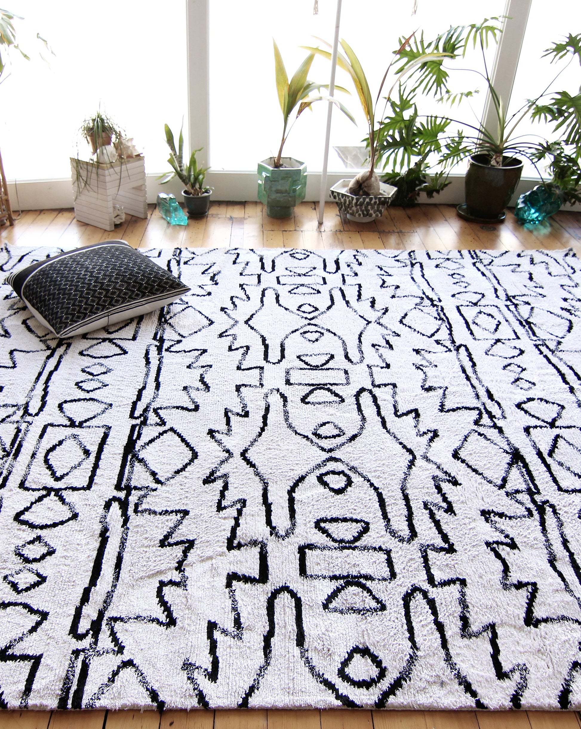 A versatile Akimbo Hand Knotted Rug||Black And White with a graphic geometric pattern, placed in a room with plants.