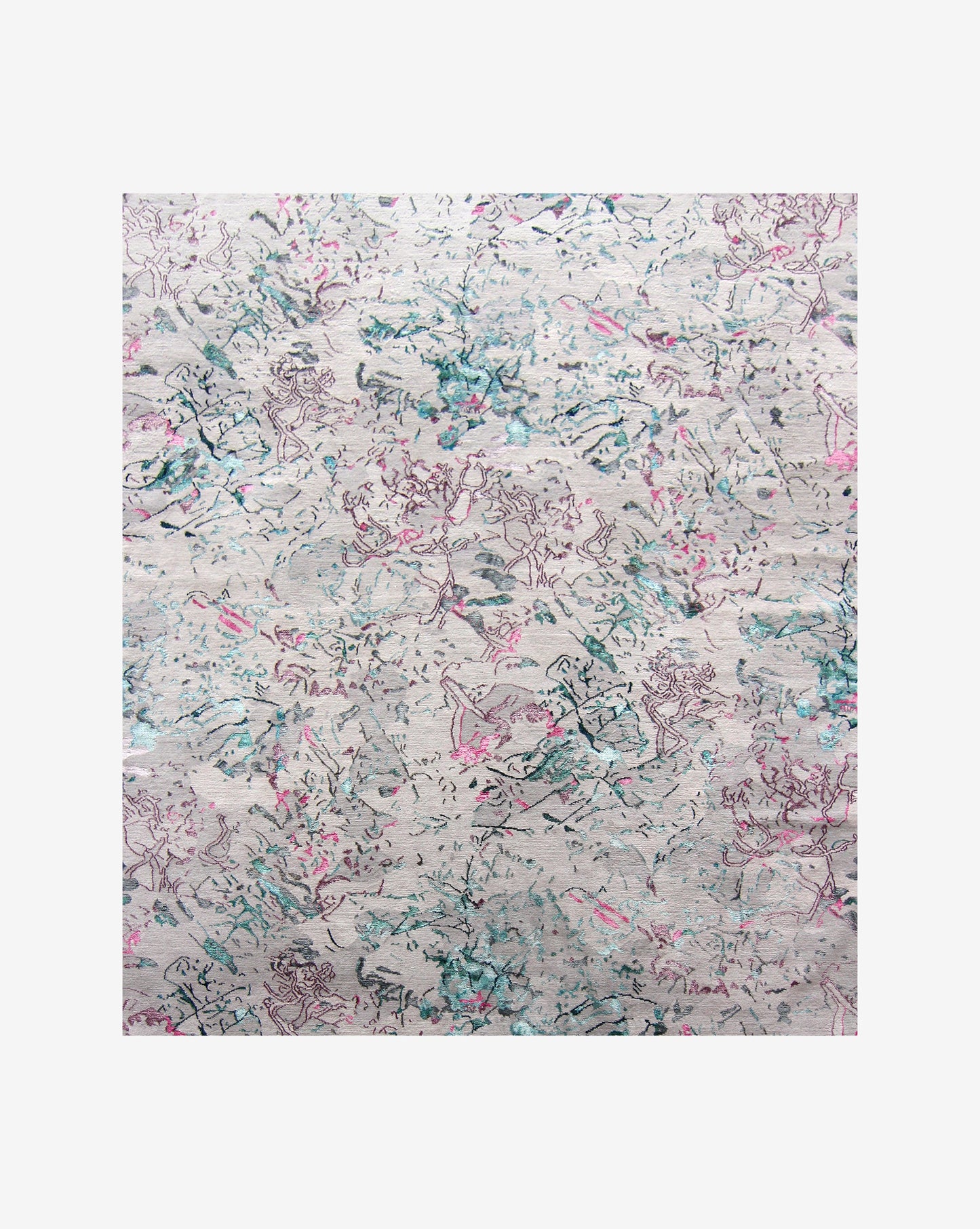 A handmade rug with pink and blue flowers in the Bosky Toile Hand Knotted Rug Spectra design, perfect for adding a touch of elegance to any room