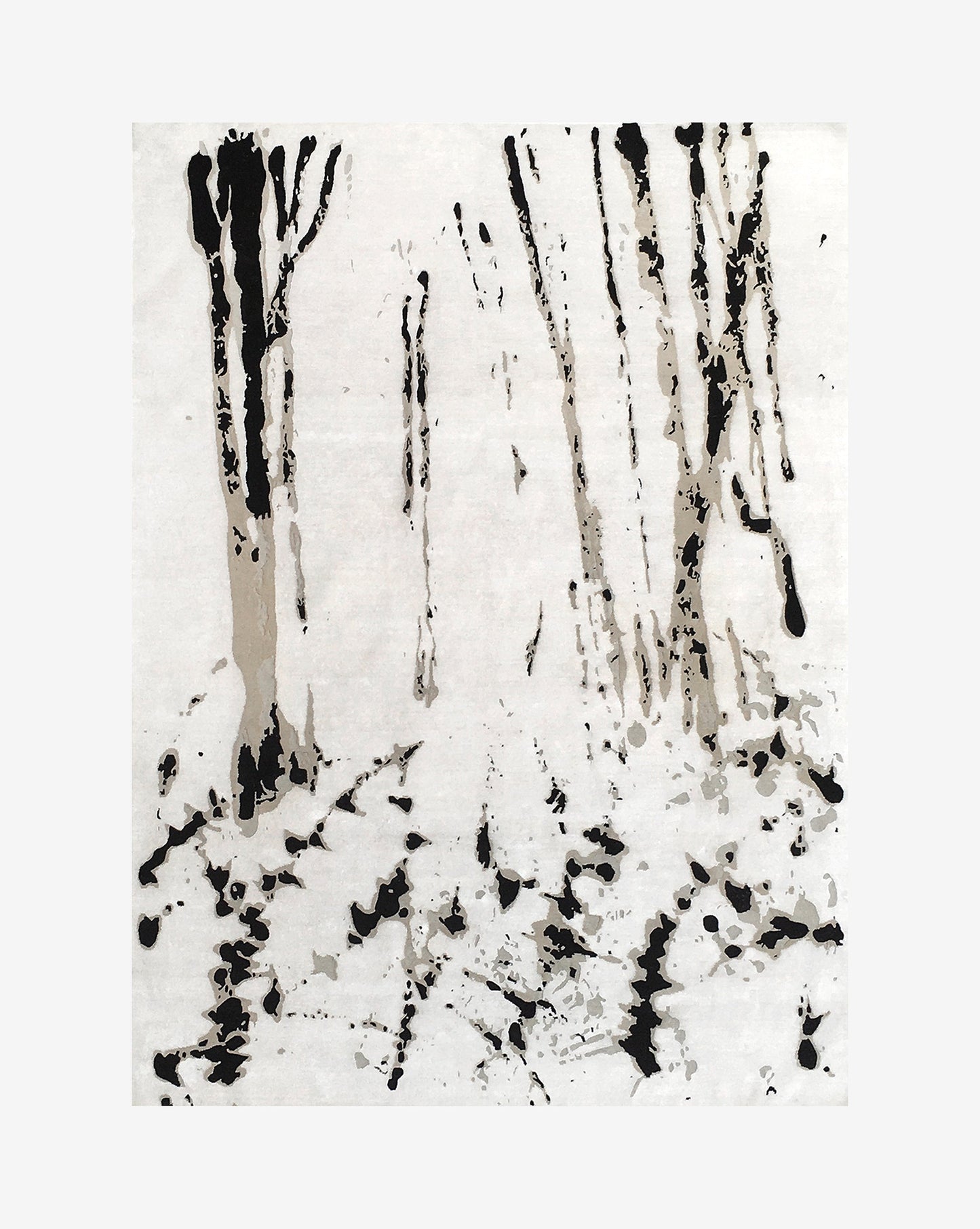A black and white painting of trees in the snow, inspired by the Linea Hand Knotted Rug Black And Beige