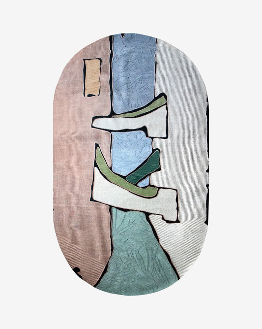 A Sky Arc Hand Knotted Rug from Eskayel studio with a blue and green painting