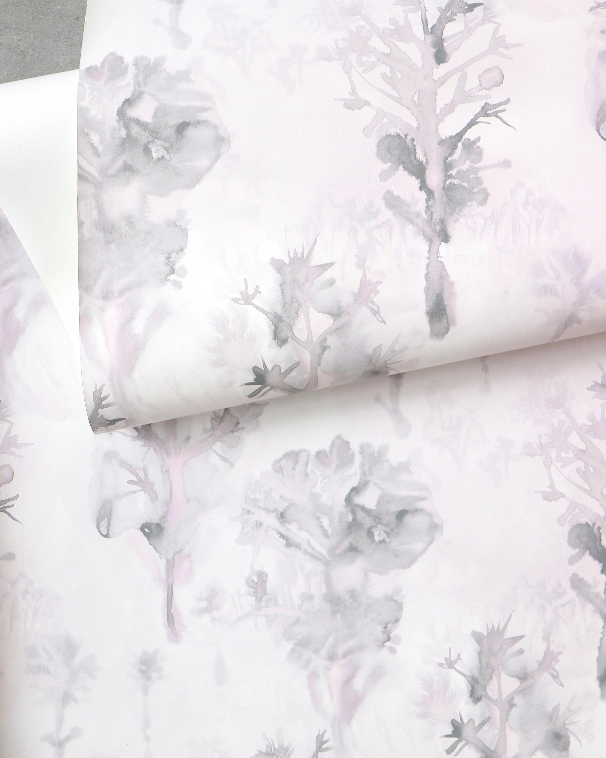 A white Aionas Wallpaper with a pink and grey floral pattern