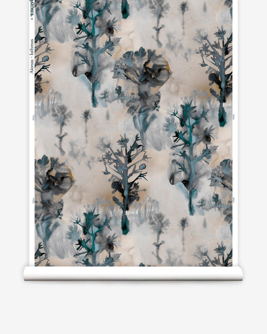 A Isthmus wallpaper with a blue and grey floral pattern.