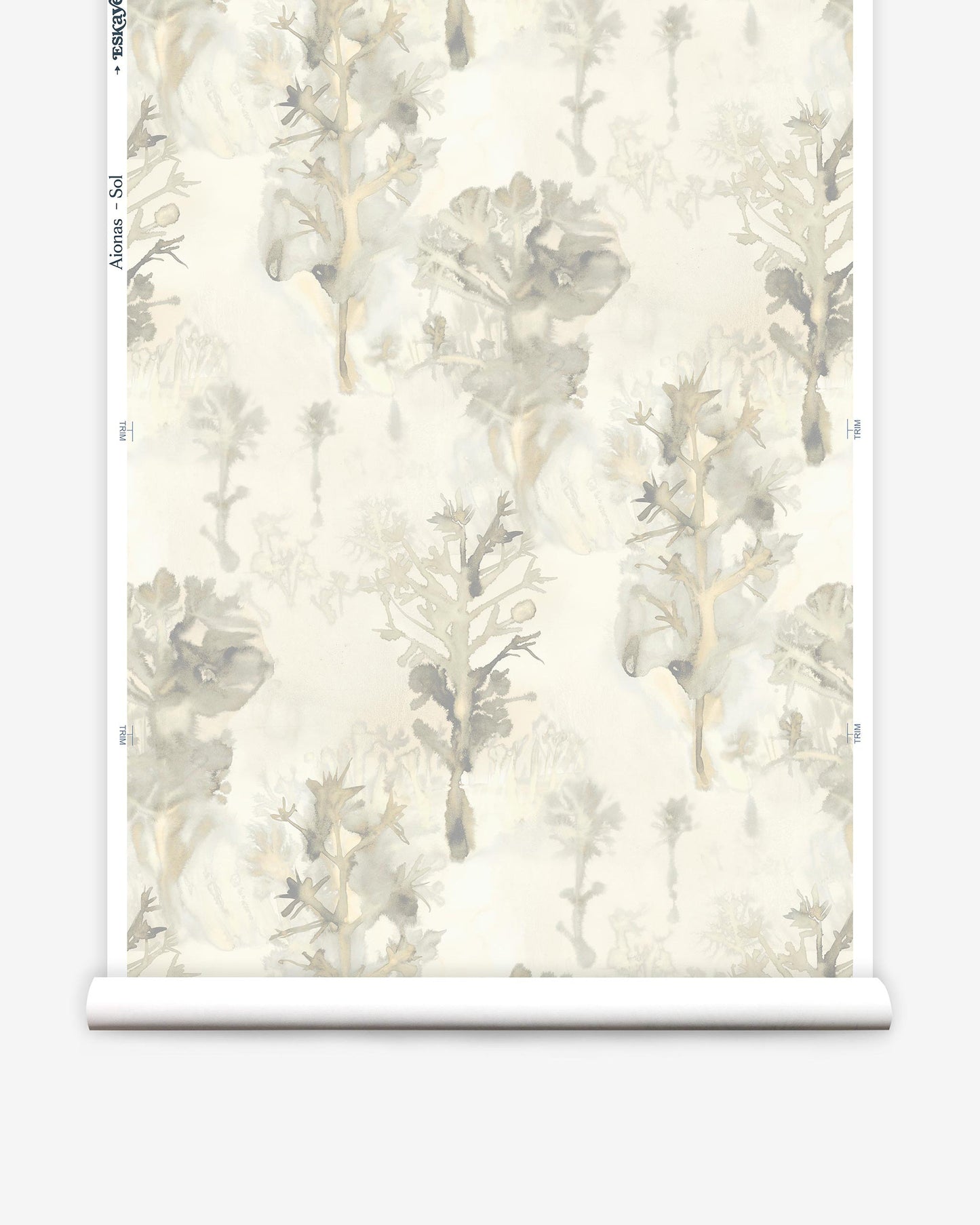 A roll of Aionas Wallpaper||Sol with a beige and grey floral pattern.