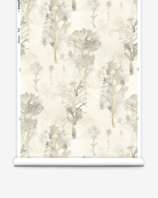 A roll of Aionas Wallpaper||Sol with a beige and grey floral pattern.
