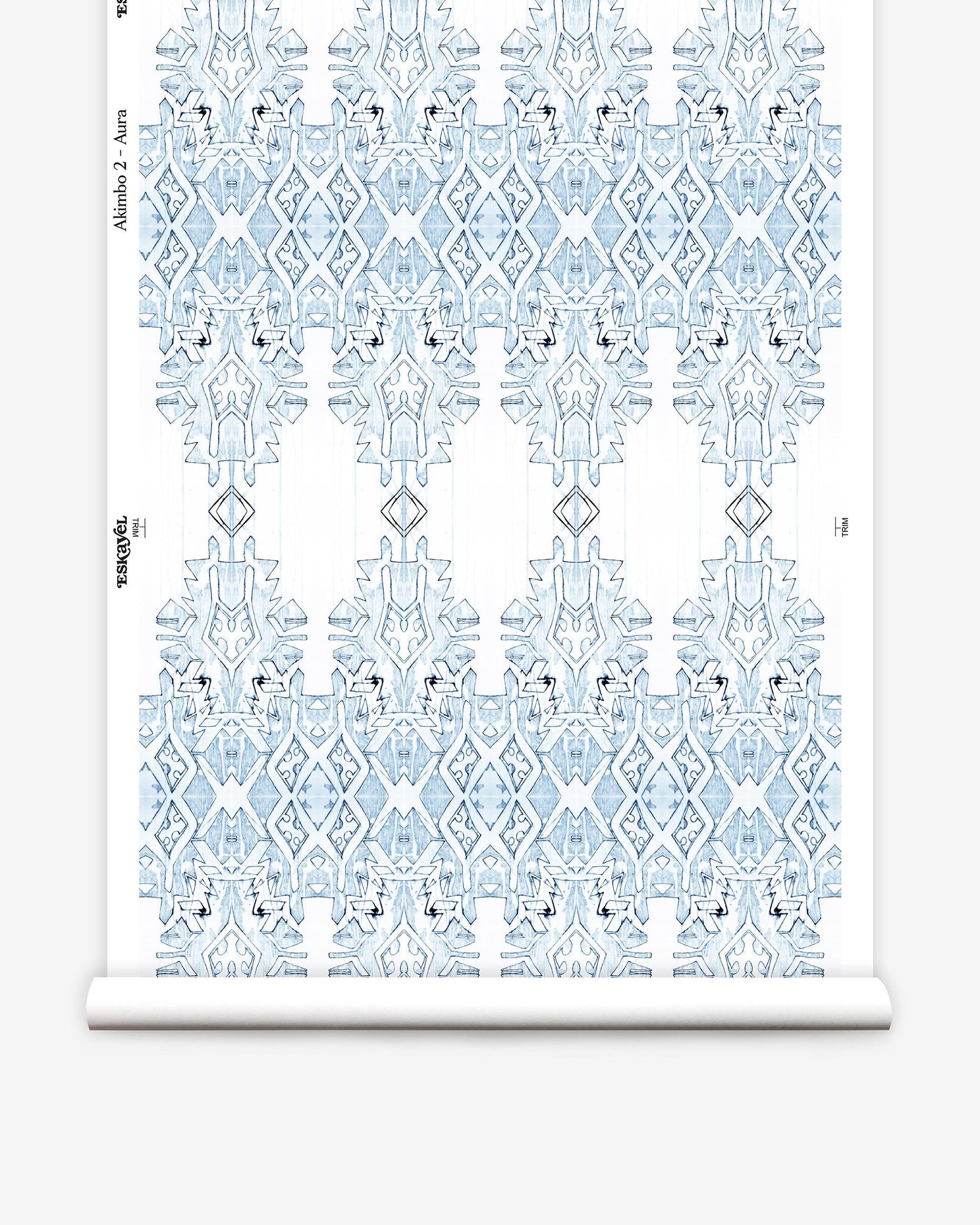 A roll of Akimbo 2 Wallpaper with a blue and white graphic geometric pattern