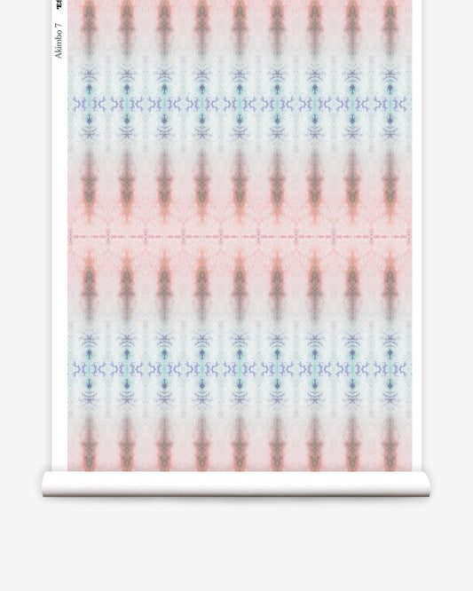 A pink, blue, and white geometric pattern on a roll of Akimbo 7 paper