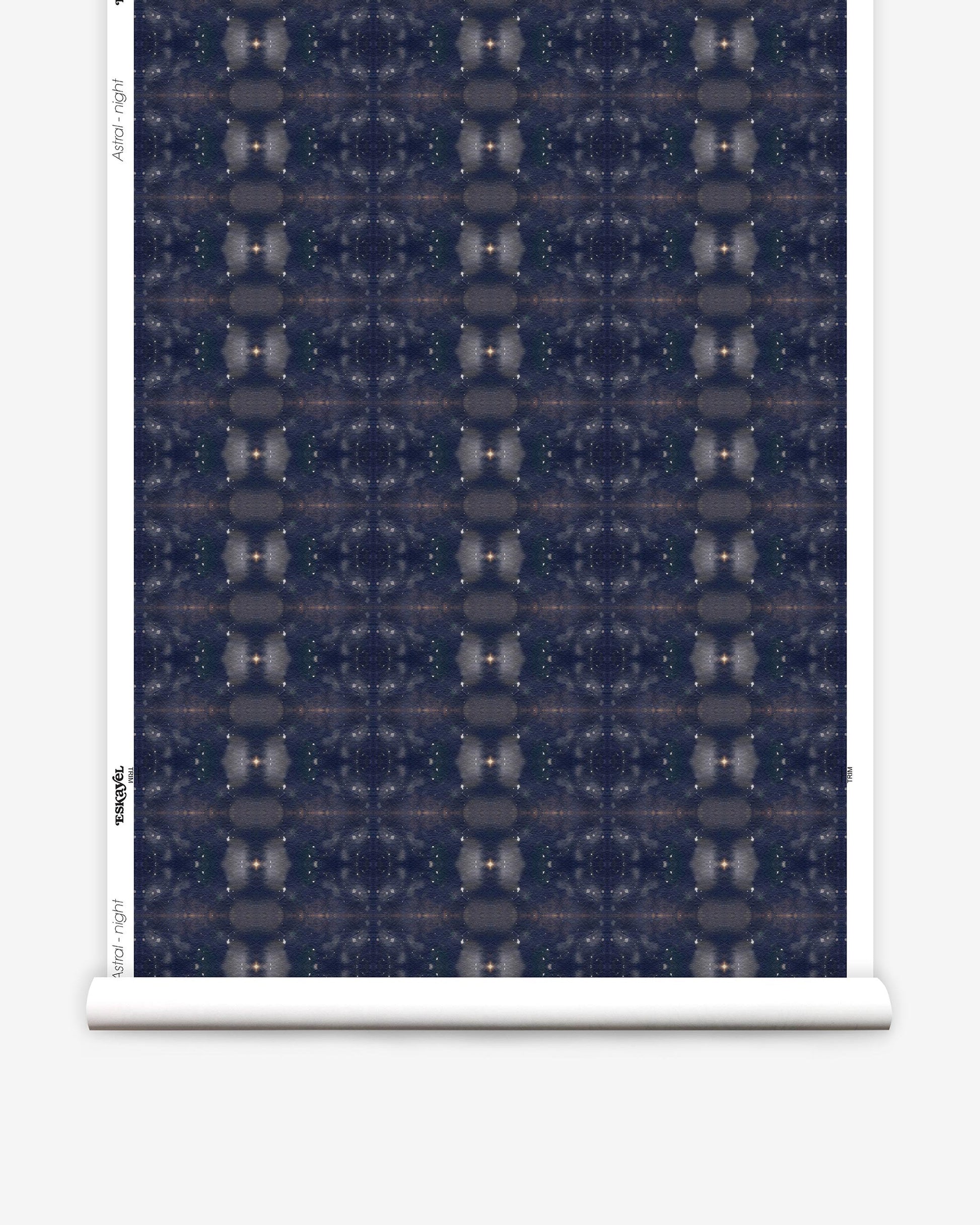 A roll of Astral Wallpaper Night from the Jangala Collection with a dark blue pattern on it
