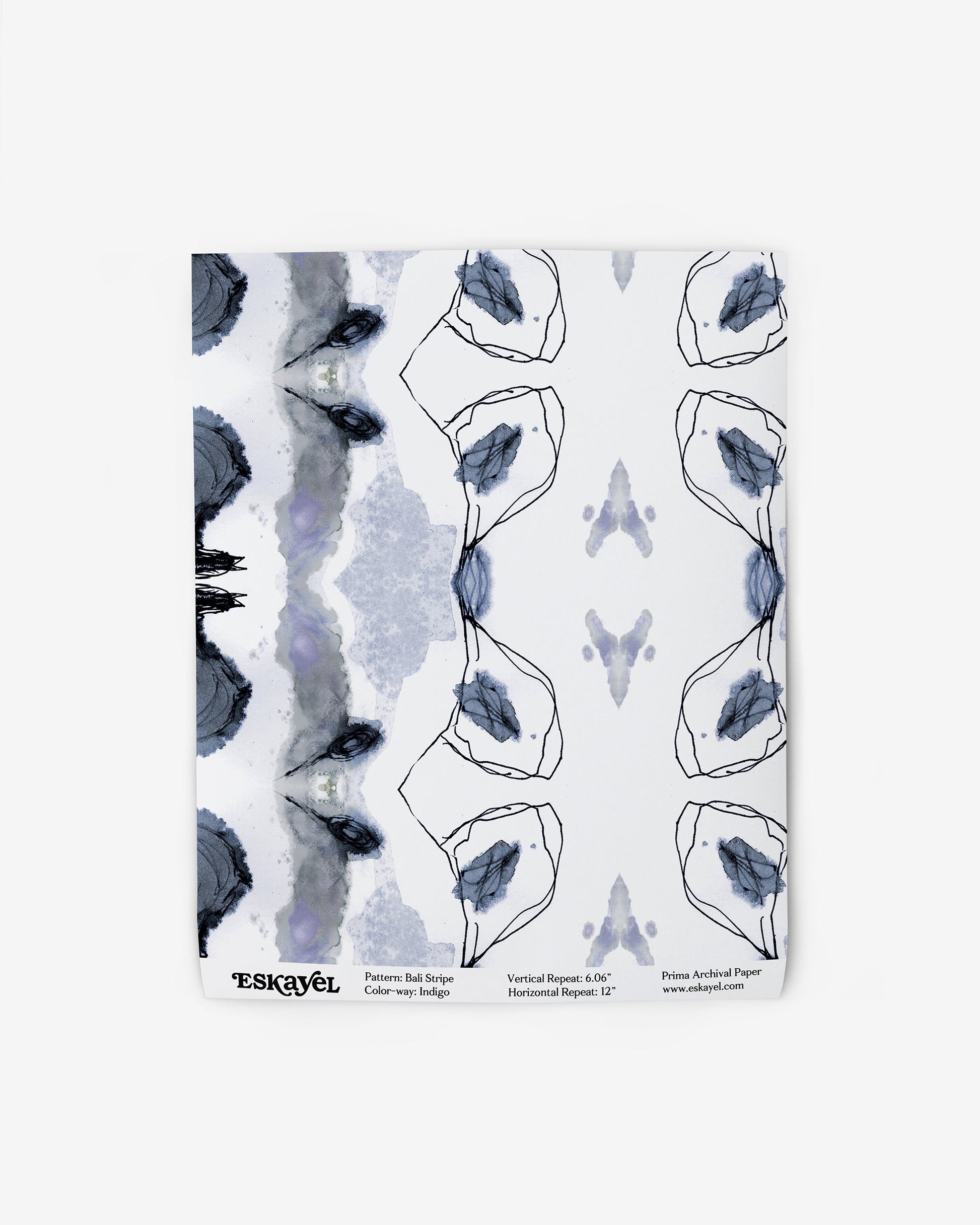 A Bali Stripe Wallpaper Sample||Indigo handkerchief with flowers on it.