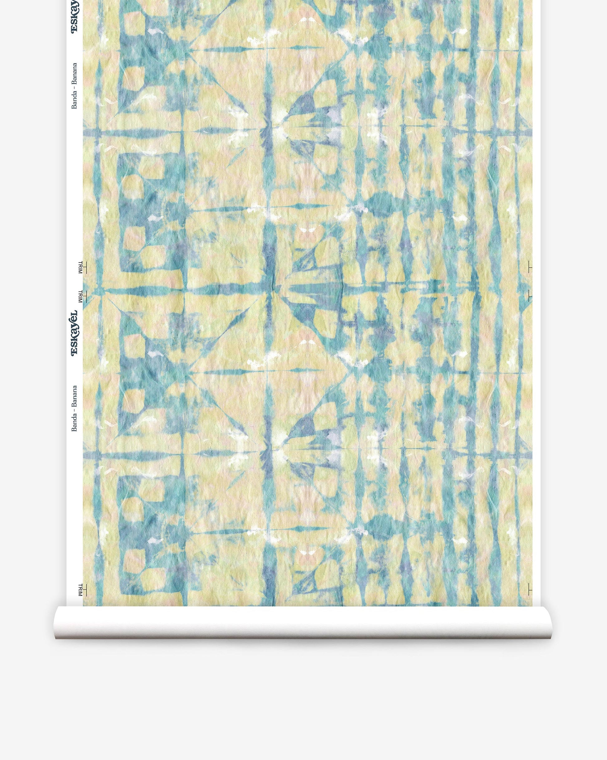 A blue and yellow geometric pattern created using Banda Wallpaper Banana favorite shibori tie-dye techniques
