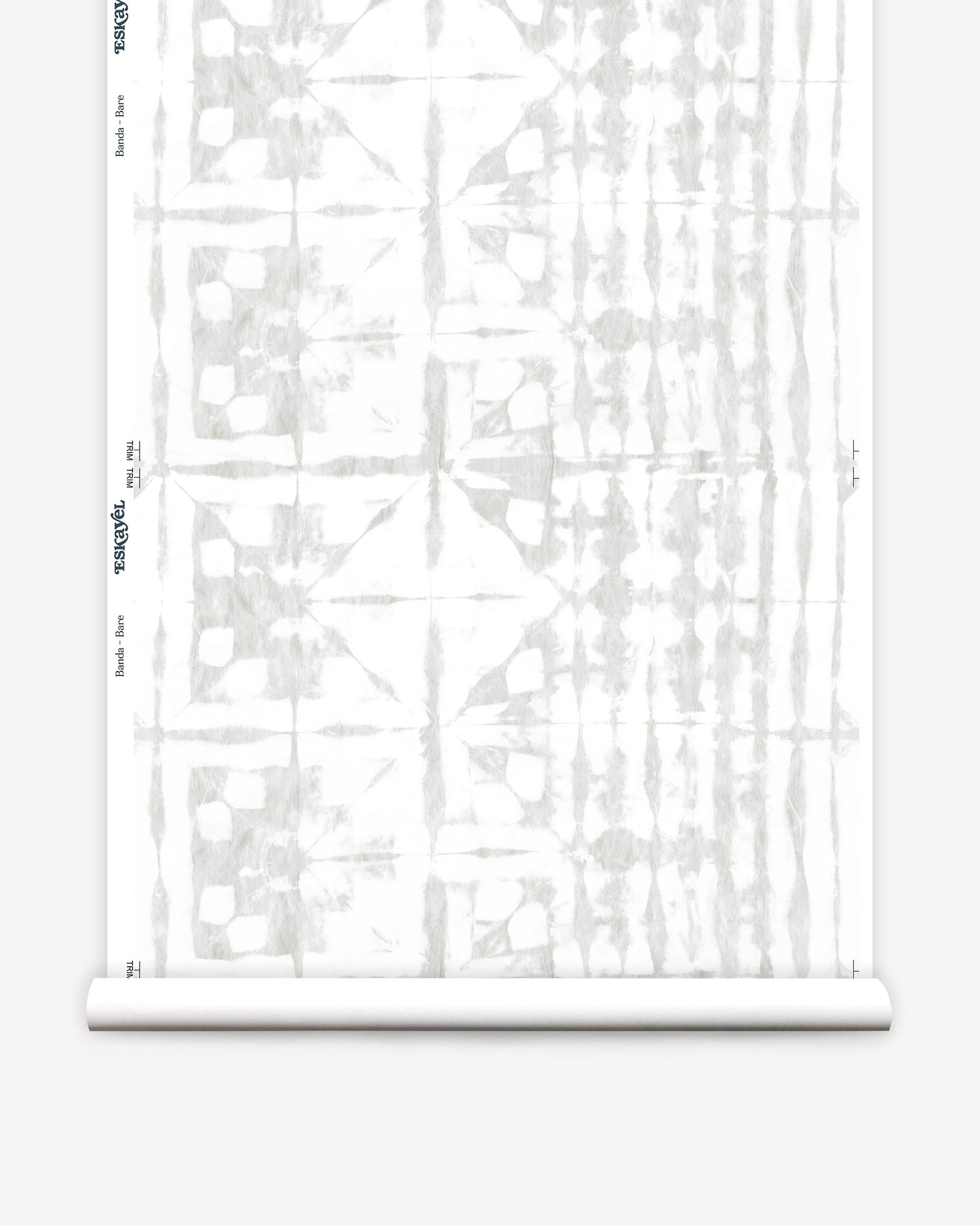 A roll of Banda Wallpaper with high-end fabric designs in white and gray, created using tie-dye techniques
