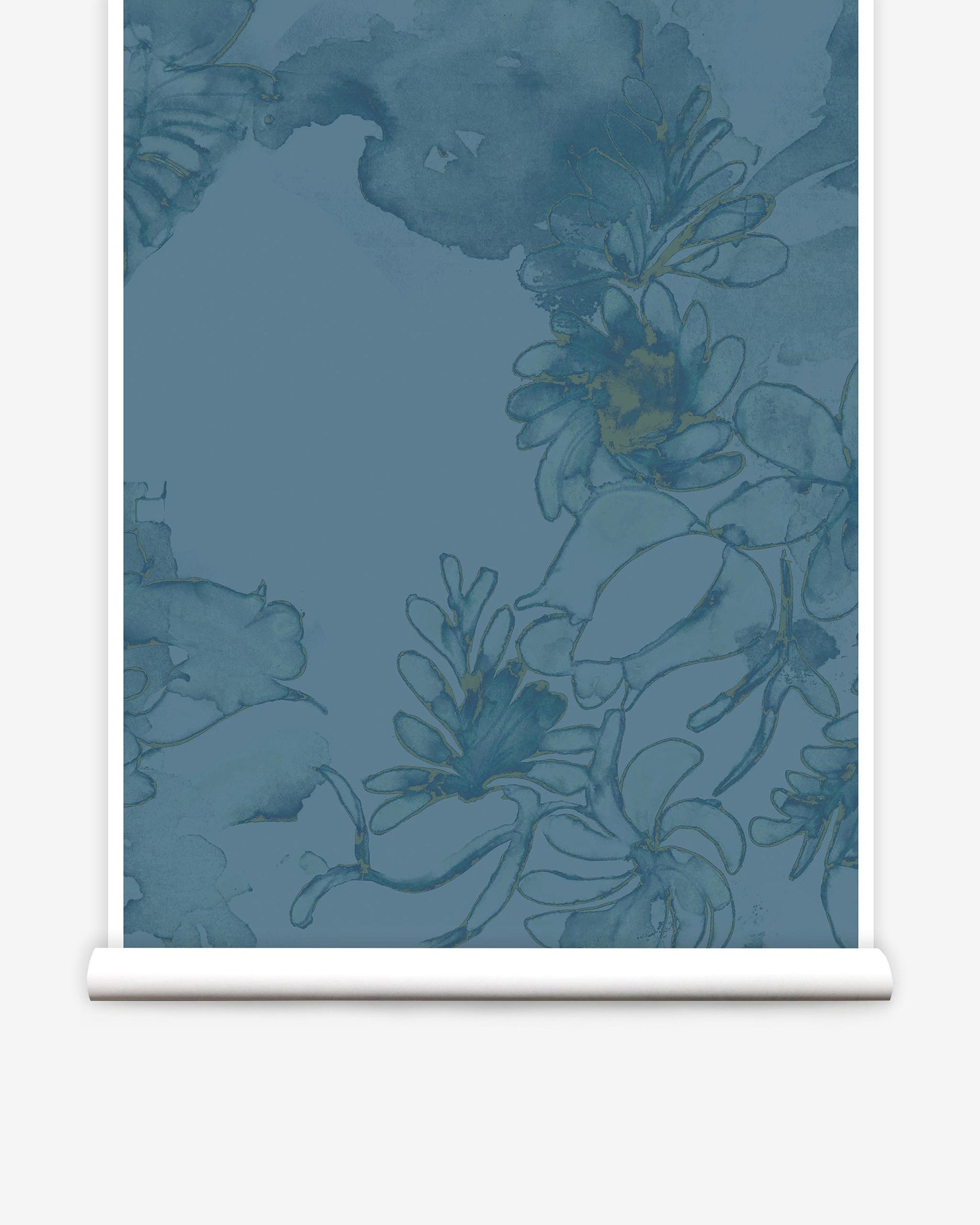 A blue fabric with Belize Blooms Wallpaper Aquamarine flowers on it