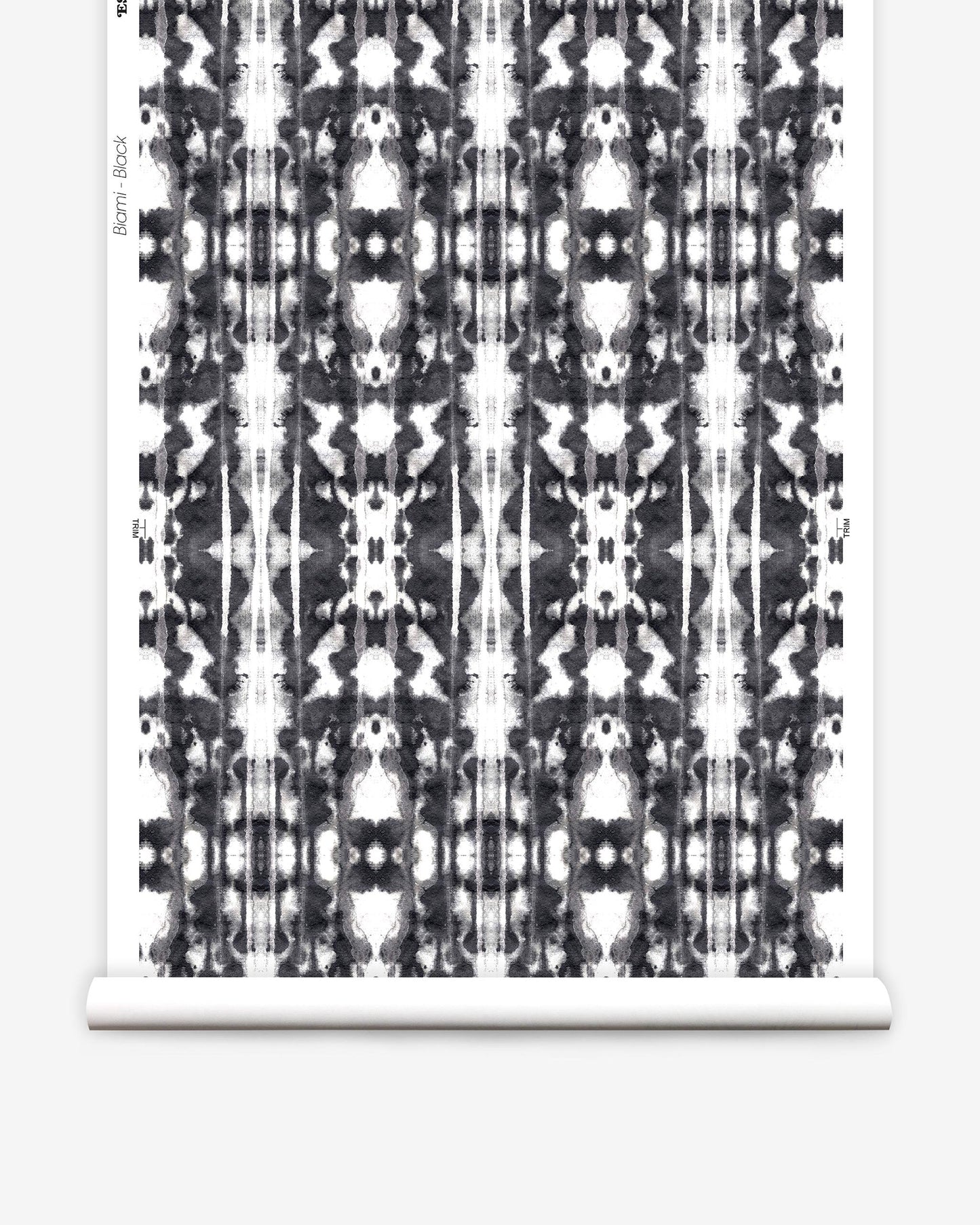 A luxury Biami Wallwallpaper Black with a black and white Biami pattern on a roll of wallpaper