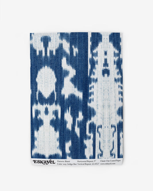 A blue and white Biami Wallpaper Sample Indigo Ikat is available for sample on wallpaper