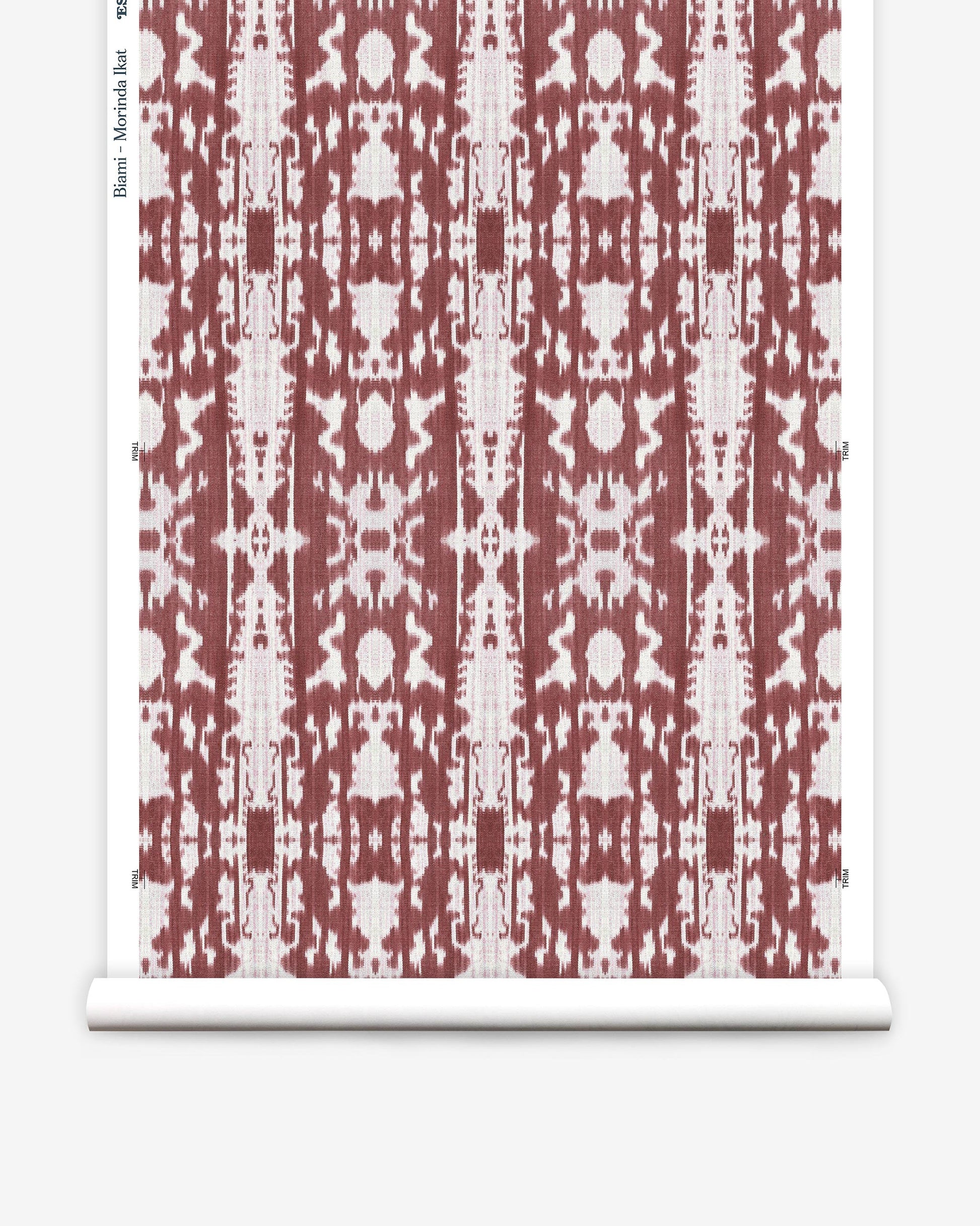 A red and white Biami Wallpaper pattern on a sheet of luxury fabric.
or
A red and white Morinda Ikat pattern on a sheet of luxury fabric.