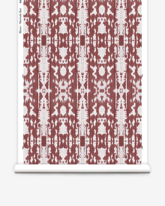 A red and white Biami Wallpaper pattern on a sheet of luxury fabric.
or
A red and white Morinda Ikat pattern on a sheet of luxury fabric.