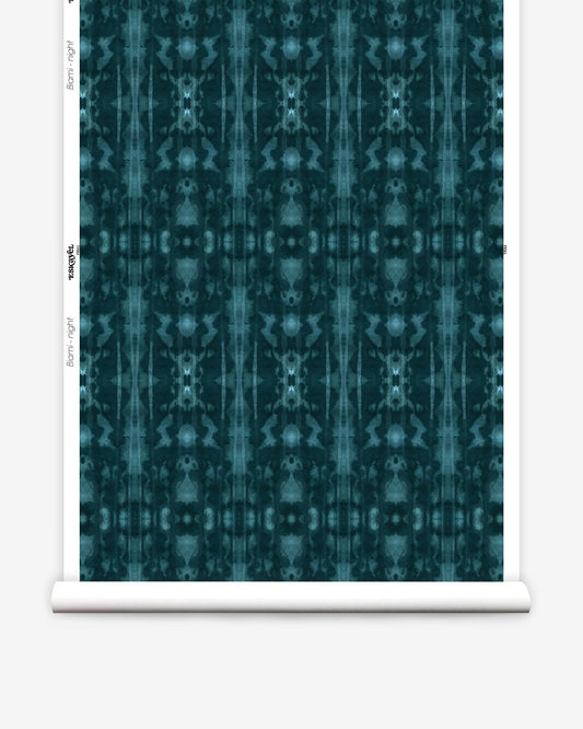 A teal Biami Wallpaper Night pattern on high-end fabric