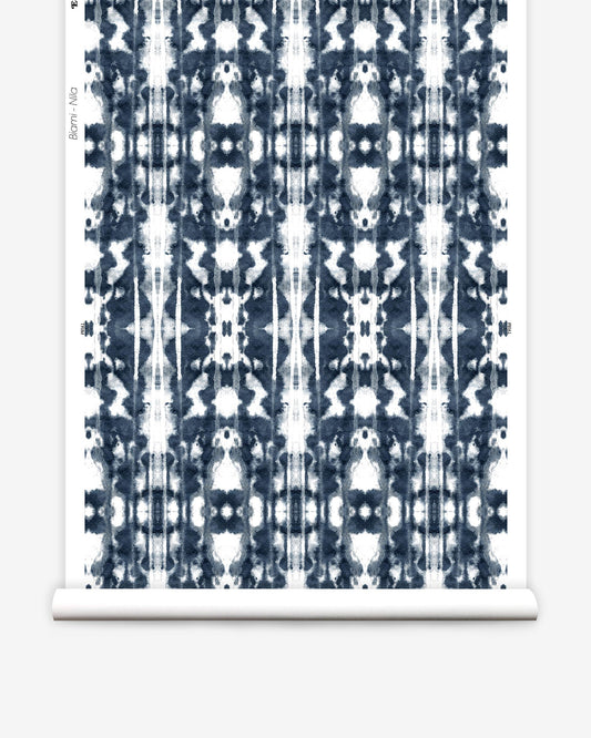 A blue and white tie dye pattern on a roll of Biami Wallpaper||Nila.