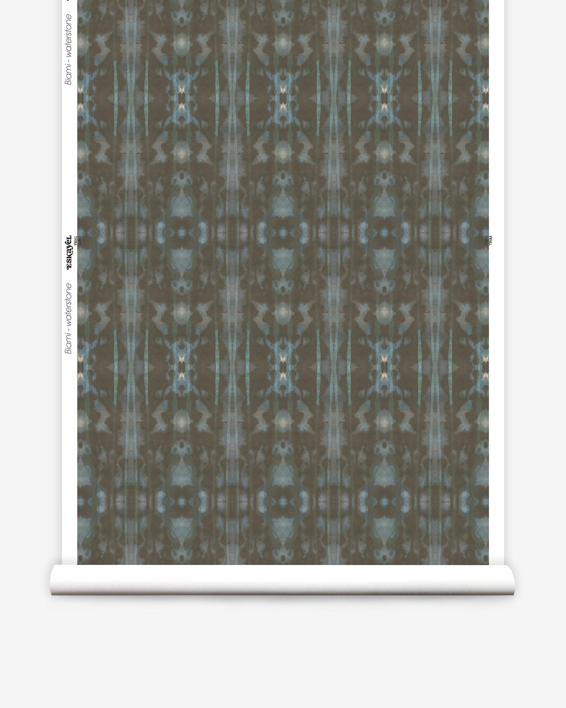 A roll of Biami Wallpaper||Waterstone with a blue and grey pattern on it.