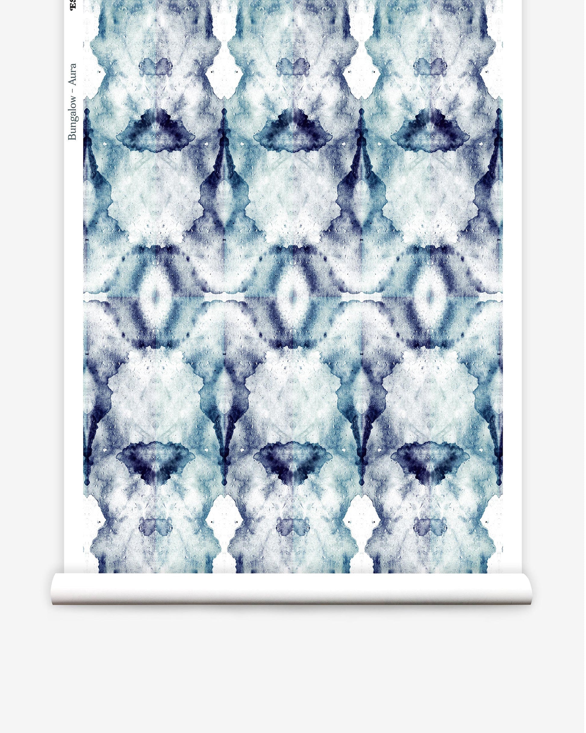 A roll of luxury high-end Bungalow Wallpaper Aura with a blue and white Bungalow pattern