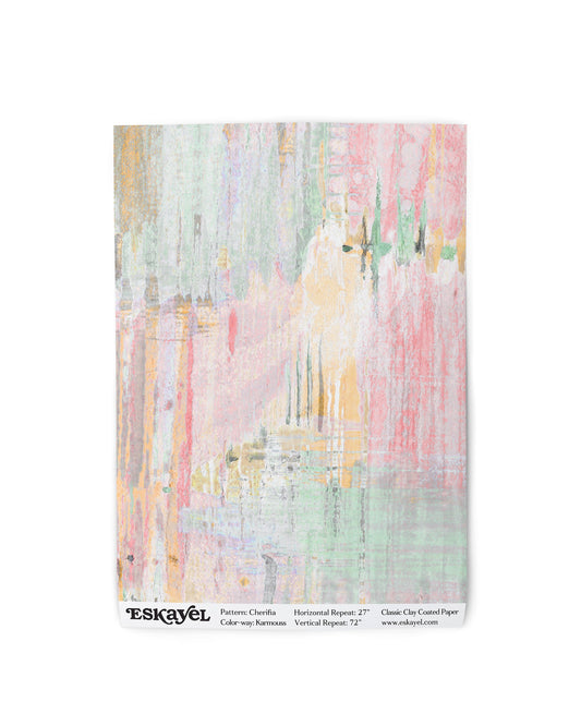 Wallpaper swatch image of Cherifia Karmouss's watercolored vibrant colorway by pops of orange and bright pink | Eskayel
